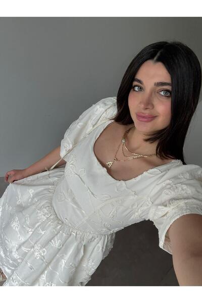 Bade Butik Krem Nakışlı Karpuz Kol Tasarım Elbise