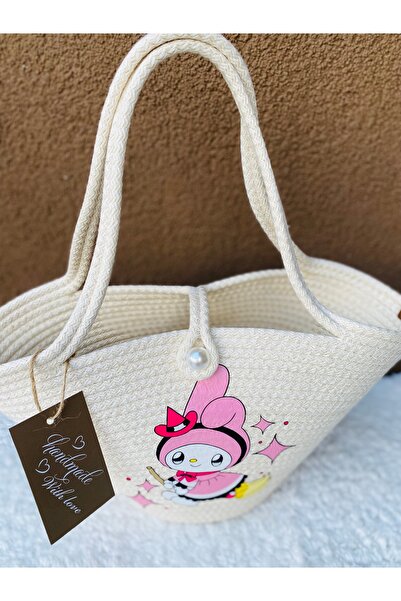 ELÇİÇEK HOME Ψάθινη τσάντα, Ψάθινη τσάντα με στάμπα Kuromi, Τσάντα παραλίας