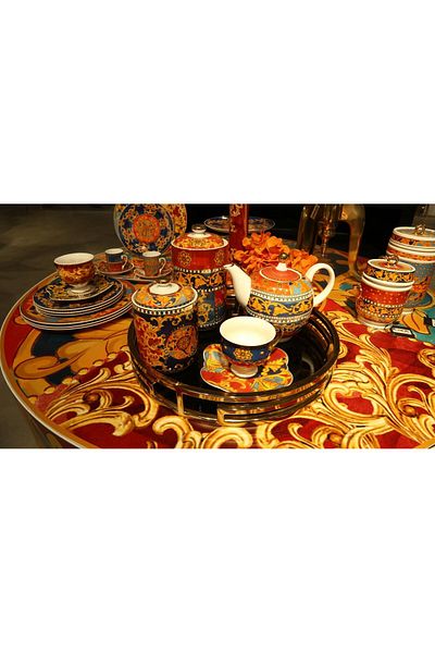 Lucky Art Florance Bone China - Set of 4 Blue and Red Baroque Patterned Dinner Plates 27cm Lyhd617