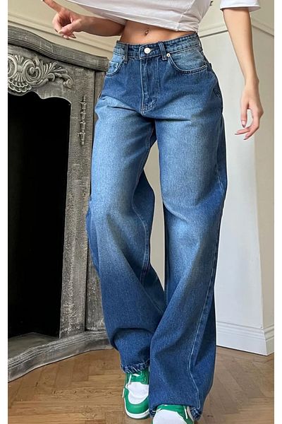 JUNNES General Brands Blue Washed Aesthetic Baggy Wide Leg Jeans
