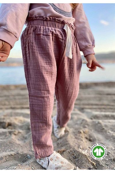 Cigit Ruffled Waist Wide Cut Muslin Trousers 1-8 Years Copper