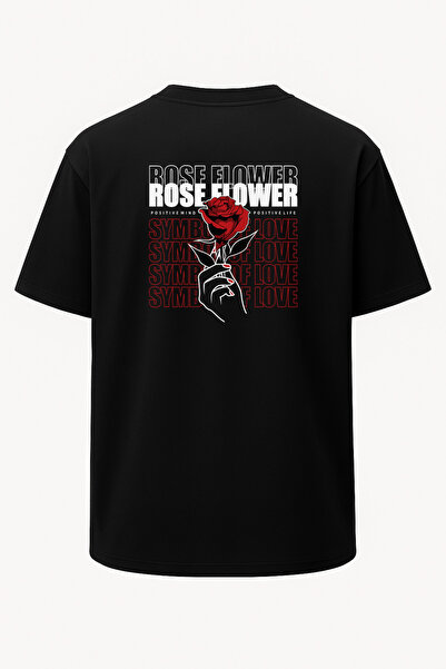 nirvoda Oversize Rose Flower Red Rose εμπριμέ μπλουζάκι με φαρδιά κοπή μαύρο