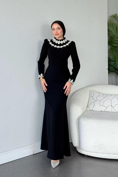 Şulemoda Giyim Rochie de seară cu mâneci și gât negru Bloom