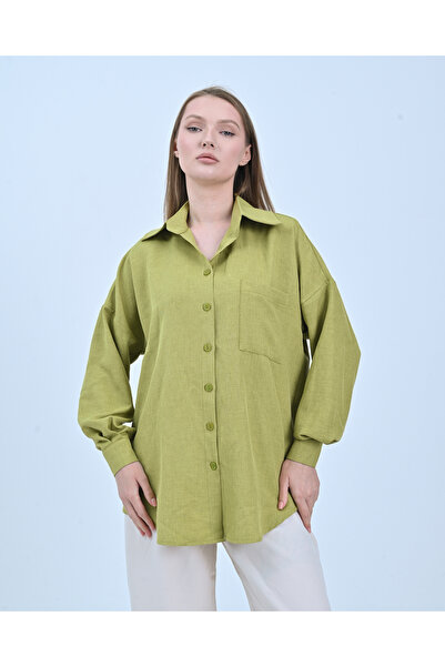 polle Tek Cepli Oversize Keten Gömlek- Yağ Yeşil