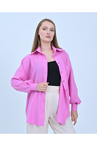 polle Tek Cepli Oversize Keten Gömlek- Pembe