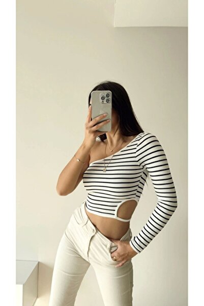 pengu Lycra Window Detail Striped Long Sleeve One Shoulder Bluz