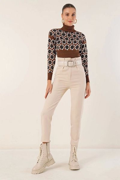 Silerra 6556 Belted Fabric Trousers - Cream