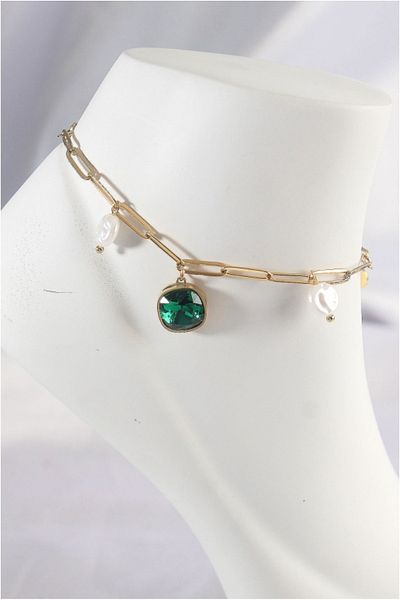 Ophelia 316L Steel Gold Color Emerald Stone Design Anklet - Tj-Hh1592