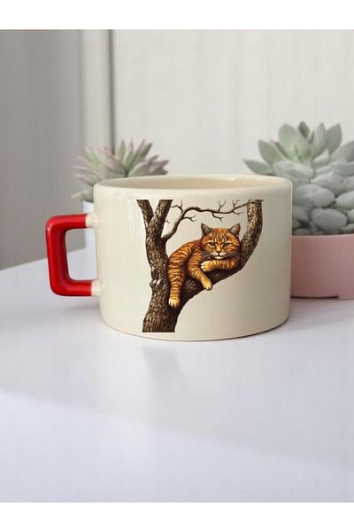 lili hediyelik Cat on the Tree Printed 3-Piece Ceramic Mug