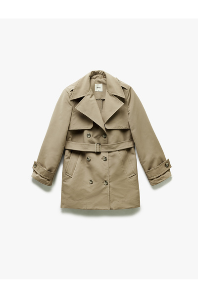 Koton Rüzgar Kapaklı Cepli Kemerli Düğmeli Kruvaze Gabardin Trençkot