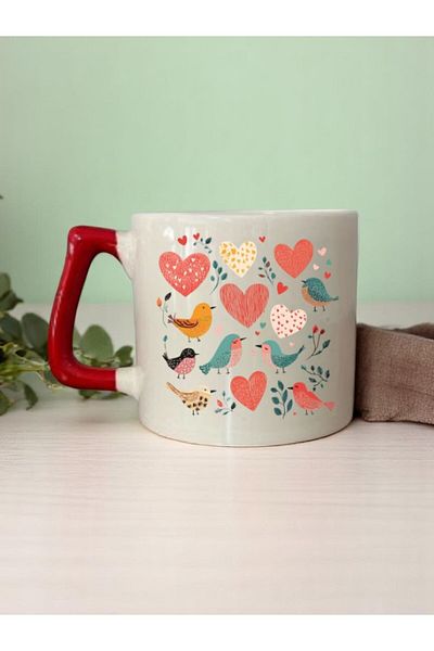 lili hediyelik Hearted Birds Printed 3-Piece Red Handled Coffee Cup Mug