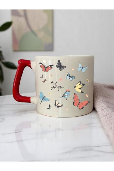 lili hediyelik Butterfly Printed 3-Piece Red Handled Coffee Cup Mug