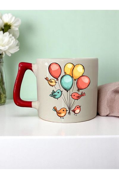 lili hediyelik Balloon Bird Printed 3-Piece Red Handled Coffee Cup Mug