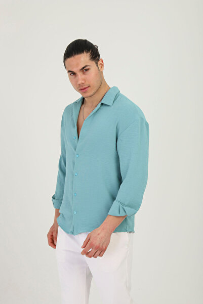 Riowela قميص رجالي صيفي مزخرف باللون الفيروزي مقاس كبير