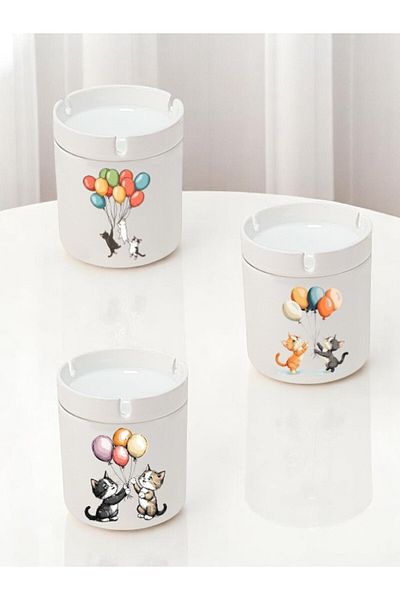 lili hediyelik Balloon Cat Printed 3-Piece Ceramic Ashtray Ash Tray