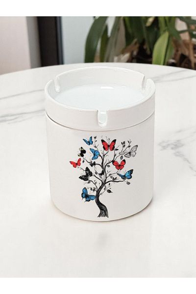 lili hediyelik Butterfly Tree Printed 3-Piece Ceramic Ashtray Ash Tray