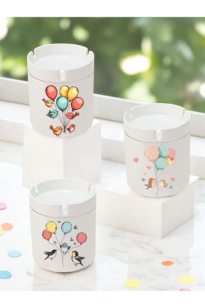 lili hediyelik Balloon Bird Printed 3-Piece Ceramic Ashtray Ash Tray