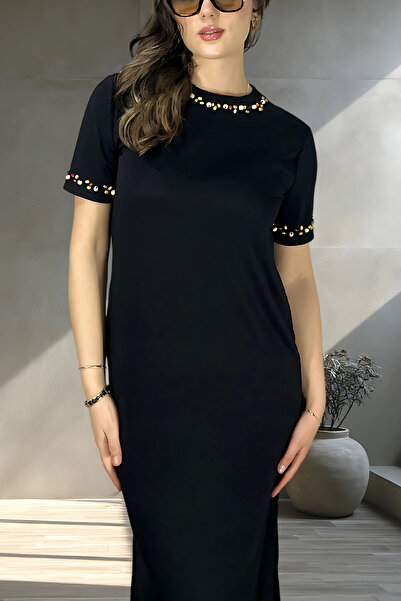 mefru فستان نسائي طويل بياقة وأكمام مطرزة من القماش المشروط وأكمام قصيرة