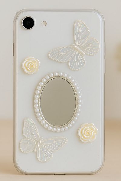 Fibaks حافظة Apple iPhone 16E ثلاثية الأبعاد على شكل فراشة وردية مع غطاء سيليكون بتصميم شفاف ومرآة