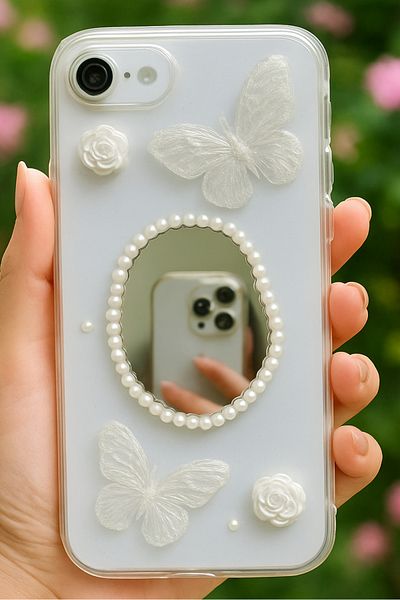 Fibaks حافظة Apple iPhone 16E ثلاثية الأبعاد على شكل فراشة وردية مع غطاء سيليكون بتصميم شفاف ومرآة