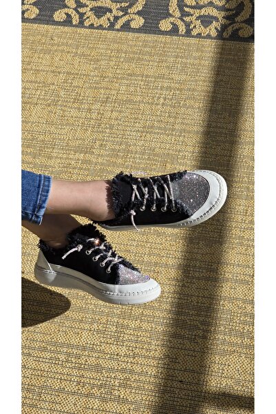 Melinta Shoes Melinta Taşlı Düz Taban Kadın Kot Sneakers