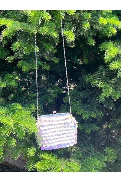 EL YAPIMI Beyaz Pullu Abiye Çanta