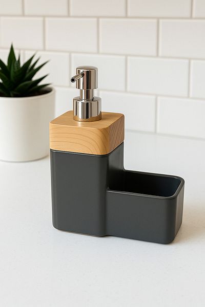 ECO KİTCHEN Wooden Look Liquid Soap Dispenser, Detergent Dispenser, Sponge Tank, Kitchen Liquid Soap Dispenser