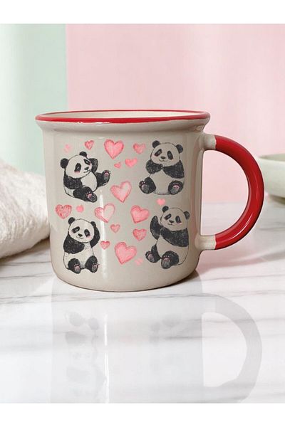 lili hediyelik Heart Panda Printed 3-Piece Red Ceramic Mug Cup Coffee Cup