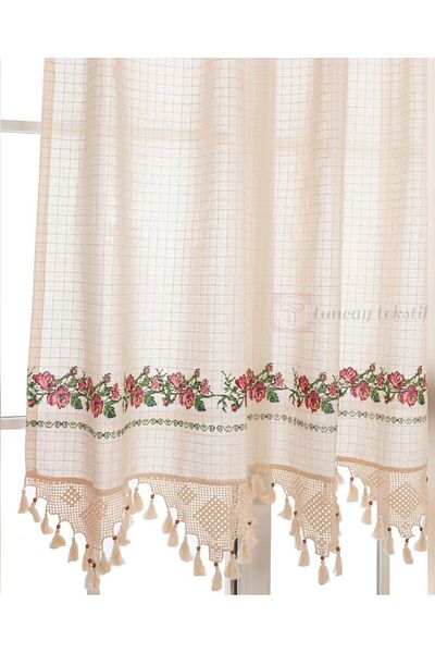 TUNCAY TEKSTİL Red Cross Stitched Buldan Work Cross Stitch Hand Lace Canvas Linen Curtain
