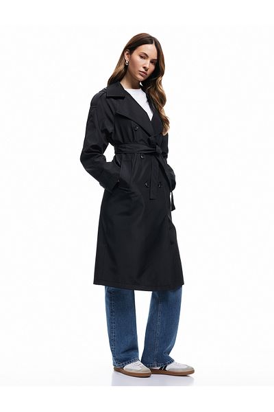Koton Long Sleeve Belted Double Breasted Long Gabardine Trench Coat with Pockets