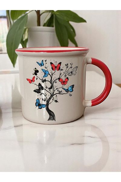 lili hediyelik Butterfly Tree Printed 3-Piece Red Ceramic Mug Cup Coffee Cup