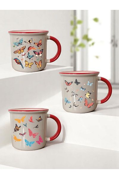 lili hediyelik Butterflies Printed 3-Piece Red Ceramic Mug Cup Coffee Cup