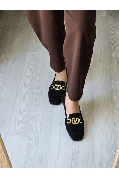 Melinta Shoes Melinta Stone Buckle Suede Black Women's Ballerinas
