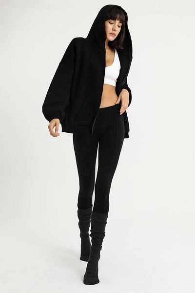 zürafa beneği Black Hooded Zippered Unisex Seasonal Oversize Sweatshirt
