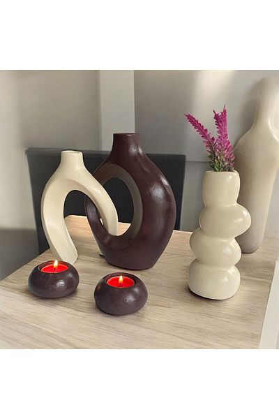 The Motellas Decorative Cream/Brown Design Object Set of 2 Vase Candle Holders – Large Size | Living Room, Office, Home Decoration
