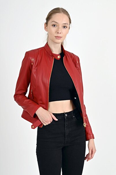 ALİN Rio Women's Short Fit Red Genuine Leather Jacket Size Measurements Visual