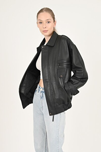 ALİN Beirut Kadın Siyah Oversize Hakiki Deri Mont Beden Ölçüleri Görselde