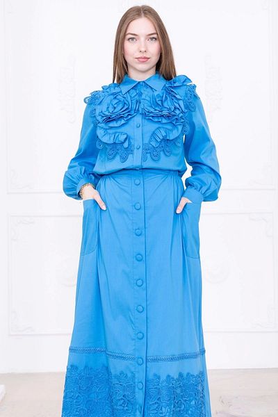 lodmela Rose Design and Lace Detail Cotton Double Suit 4710-Blue