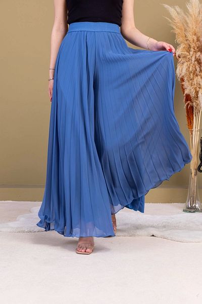 lodmela Elastic Waist Pleated Chiffon Trousers 6030-Indigo