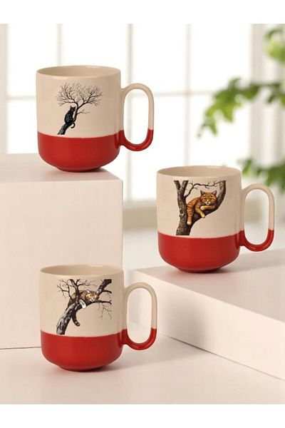 lili hediyelik Cat on the Tree Printed 3-Piece Red Base Ceramic Mug Cup Gift Coffee Mug