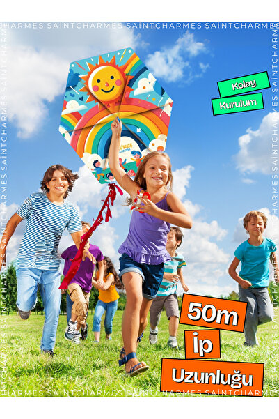 Saint Charmes Renkli Çocuk Uçurtması Gökkuşağı Güneş Desenli | 50m İpli | Kol...