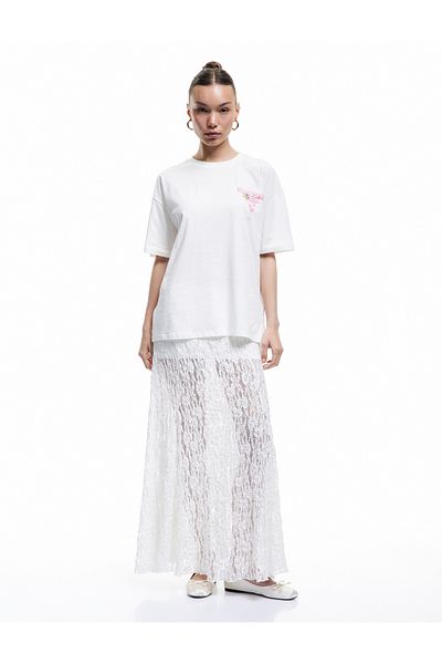 Koton Short Sleeve Crew Neck Cotton Oversize T-Shirt with Strawberry Print on the Back