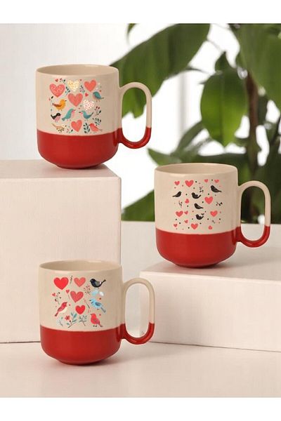 lili hediyelik Hearts and Birds Printed 3-Piece Red Base Ceramic Mug Cup Gift Coffee Cup