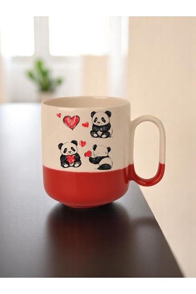 lili hediyelik Panda and Heart 3-Piece Red Base Ceramic Mug Cup Gift Coffee Cup