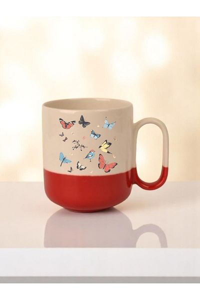 lili hediyelik Butterflies Printed 3-Piece Red Base Ceramic Mug Cup Gift Coffee Mug