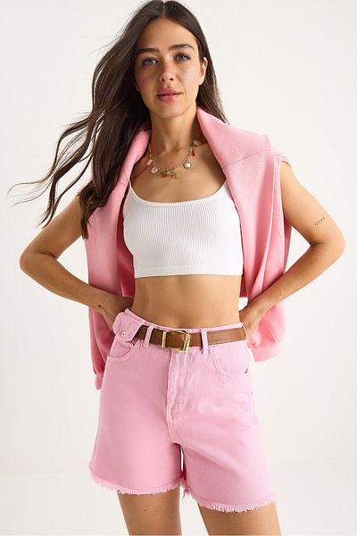 Bianco Lucci Women's Gabardine Canvas Denim Shorts - Belted