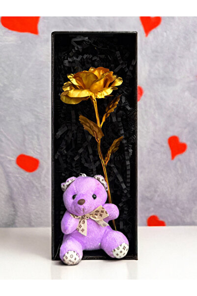 lenostra Sevgiliye Romantik Hediye Gold Sonsuzluk Gülü ve Mor Ayıcık Romantik...