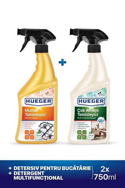 Hueger Set de 2 soluții de curățat bucătărie și soluții multifuncționale pentru curățarea suprafețelor (2 x 750 ml)