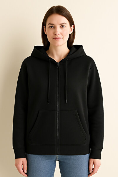 nacar çarşı Ck Butik Unisex Hooded Black Basic Sweatshirt with Zipper Pocket