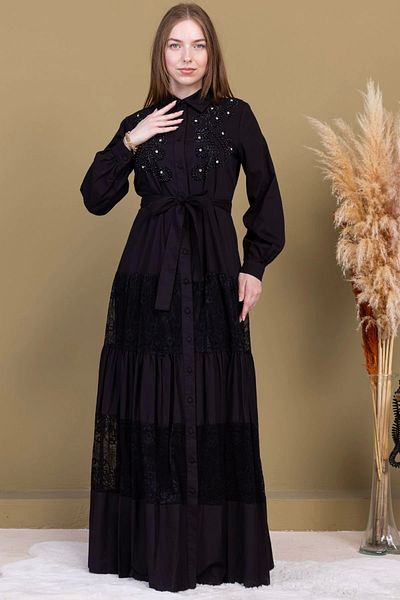 lodmela Cotton Dress with Chest Embroidery Detail 2703-Black